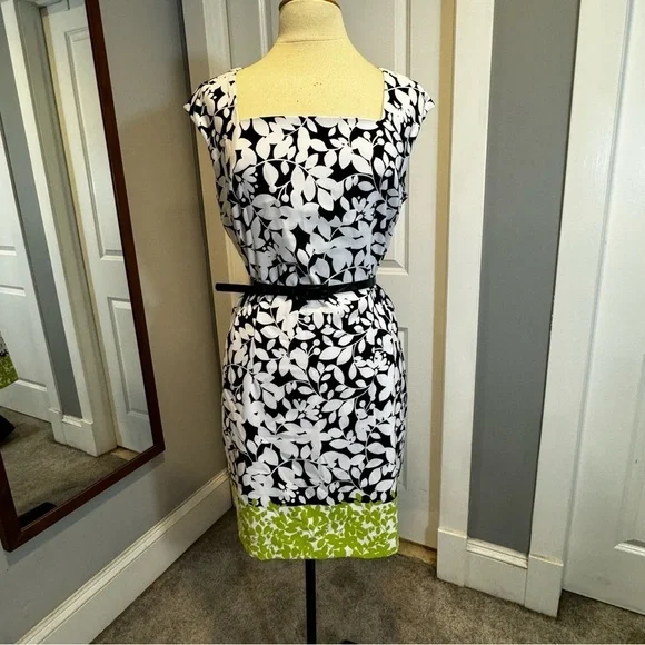 London Times Black White Green Square Neck belted floral leaves Sheath Dress 12 - Picture 3 of 11